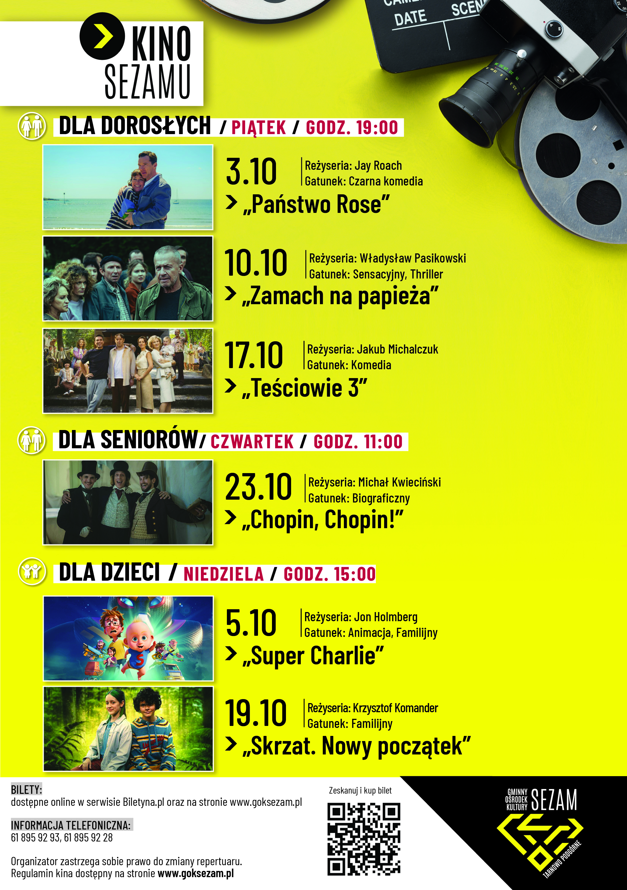 Przedstawia afisz filmów na październik w Kinie Sezamu. Produkcje podzielono na kategorie: dla dorosłych (