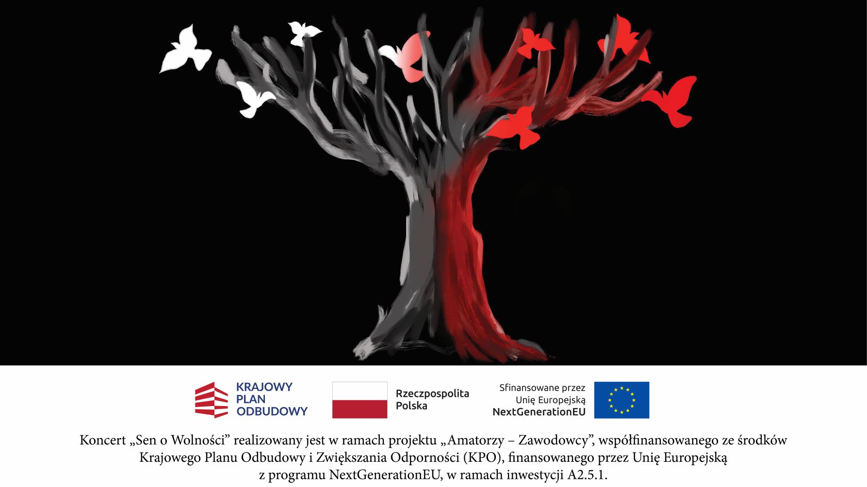 Grafika z drzewem w odcieniach patriotycznym oraz tekstem dostępnym powyżej