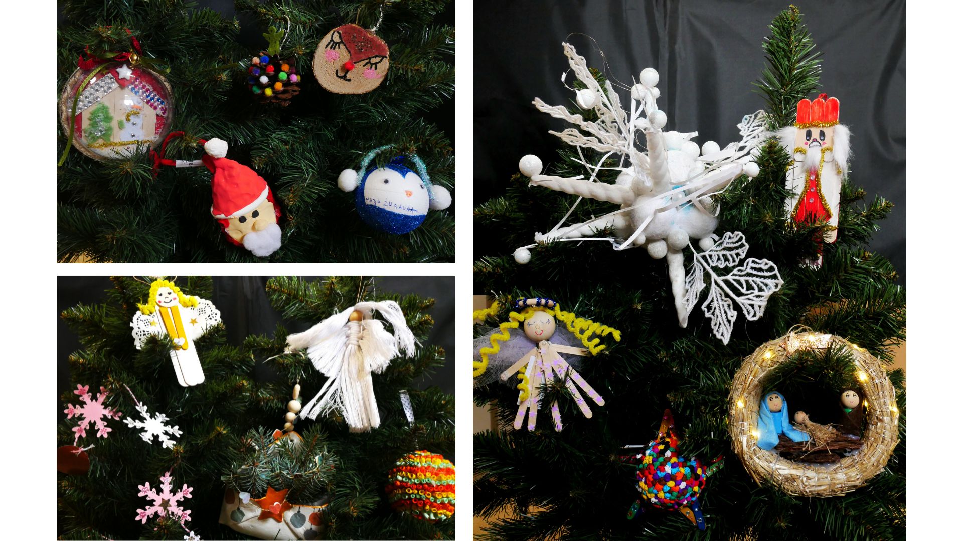 Przedstawia 15 wyr&oacute;żnionych prac, rozwieszonych na choinkach. Autorzy wymienieni powyżej